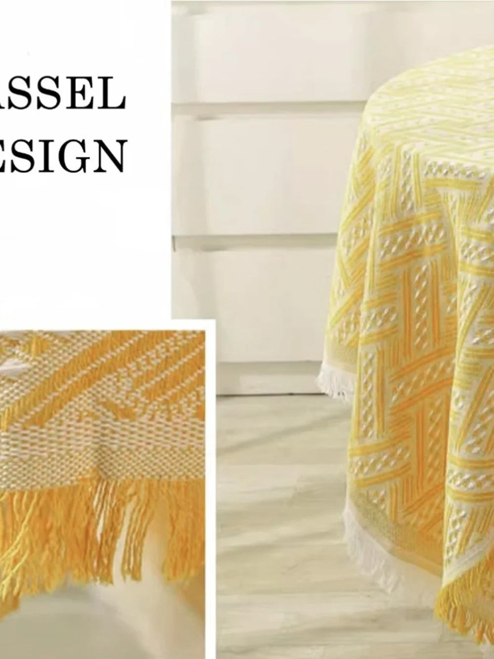 Yellow & White Geometric Tassel Tablecloth - New 51.18 Inches Round